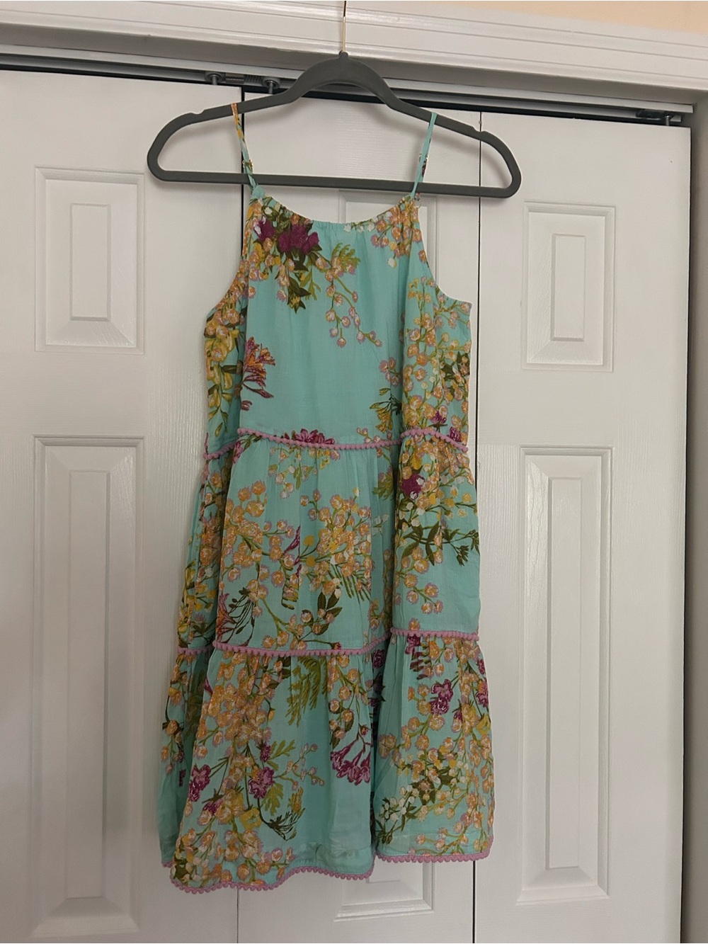 Vineyard Vines Aqua Floral Tiered Sundress with Pink Trim